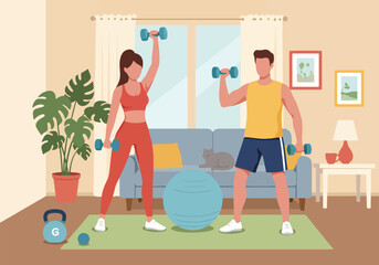 Young couple exercising with dumbbells at home. Fitness, healthy lifestyle, and home workout concept
