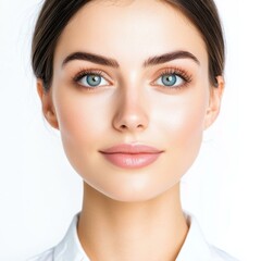 Obraz premium A graceful portrait of a woman, elegantly set against a pure white backdrop, enhancing her features with bright simplicity.