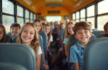 Group children ride school bus. Smiling faces, happy kids, elementary school students looking camera. Education transport concept. Kids, friends together on journey. School bus transportation, back