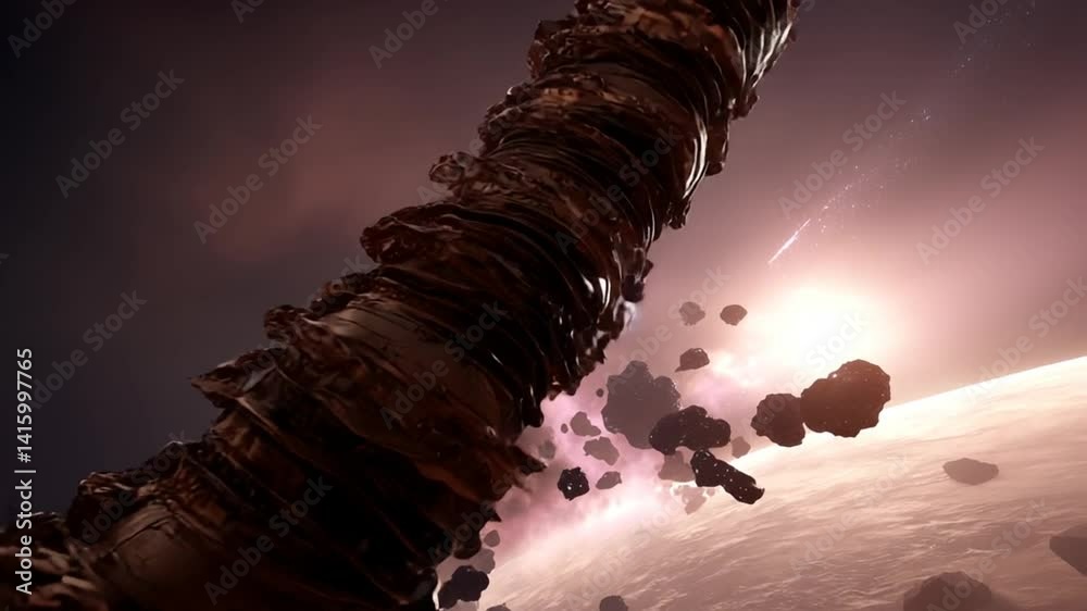 Poster giant robot creature moves through asteroid fields in space generative ai