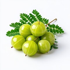 Pile of amla fruits with leaves isolated on white background.
