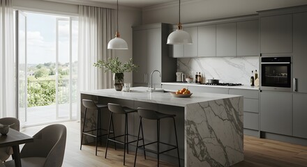 A modern kitchen with gray cabinets marble island and stools under dome pendant lights near a window