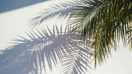 A serene tropical scene featuring palm leaves and sunlit shadows.