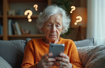 Confused senior woman using smartphone at home. Elderly lady has difficulties understanding information and uses mobile phone. She forgets password, feels stressed, has problems with tech.