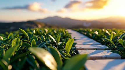 Tea garden pathway leading to a high-tech production facility, fresh air and visible energy exchange concept, soft color palette with strong visual narrative for sustainability