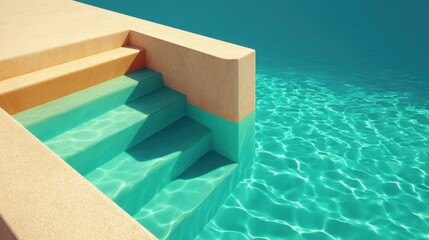 Obraz premium Elegant beige steps guide you into the clear turquoise waters of a modern pool, perfect for relaxation and style.