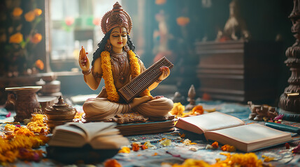 Serene Saraswati Statue:  Spiritual Art in Warm Golden Light