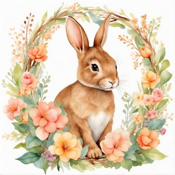 Cute brown Easter bunny surrounded by pastel flowers in a floral wreath, watercolor illustration on a white background, delicate circular frame foliage for poster, postcard, banner, print design