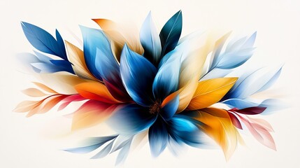 Fototapeta premium Floral artwork showcases a vibrant blue flower with orange and yellow petals against a soft, white background.