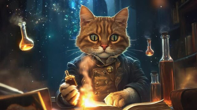 Whimsical feline alchemist: cat crafting magic potion in mystical laboratory
