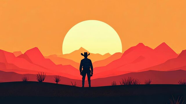 A vibrant vector illustration showcasing a cowboy silhouette against a western backdrop, blending modern and cartoon styles.