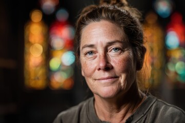 Obraz premium Woman with light brown hair tied up, subtle smile, and casual attire, set against a colorful background of blurred stained glass, creating a warm, soothing, and serene atmosphere