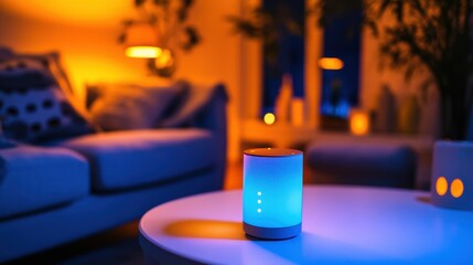 Living room with ambient smart lights and automation controller placed on coffee table