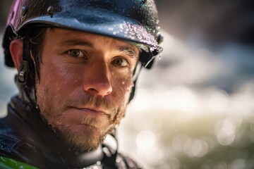 Obraz premium Wet face of a man with a helmet glistening in sunlight, focused expression, droplets of water glistening, blurred bokeh background, outdoor activity indication