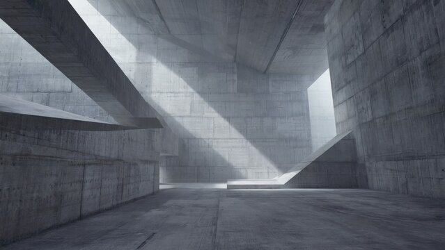 A modern architectural interior featuring concrete walls and structures, with a minimalist approach to design.