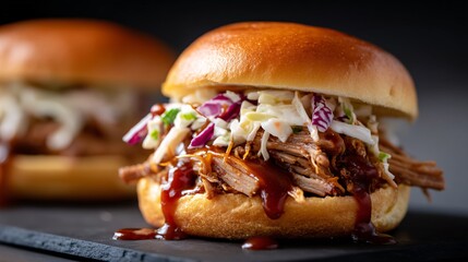 A mouthwatering pulled pork sandwich with coleslaw and bbq sauce, ready to be devoured.
