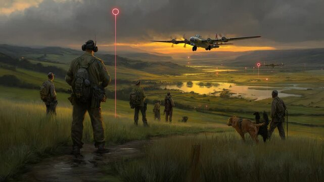 Aircraft Landing Near Military Base During Dusk With Soldiers Present Generative AI