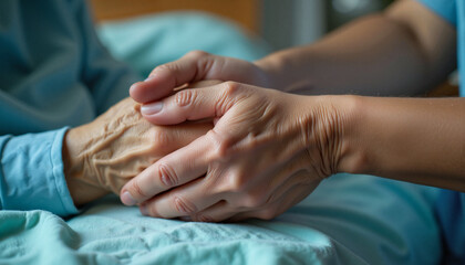 Caring hands comforting an elderly person in a healthcare setting  