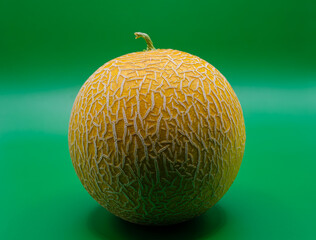 A sun-kissed cantaloupe, ripe and ready, sits serenely against a vibrant green backdrop, its textured skin hinting at juicy sweetness within.