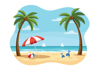 Illustration of a serene beach with a striped lounge chair, umbrella, and a toy shovel. Summer holiday and relaxation