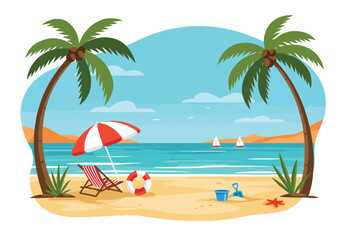Illustration of a serene beach with a striped lounge chair, umbrella, and a toy shovel. Summer holiday and relaxation
