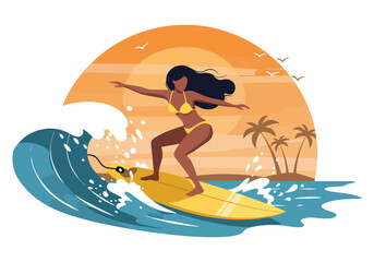 Illustration of a female surfer riding a powerful ocean wave. Surfing, water sports, and tropical beach scene