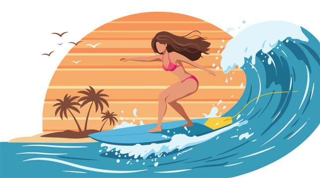 Illustration of a female surfer riding a powerful ocean wave. Surfing, water sports, and tropical beach scene