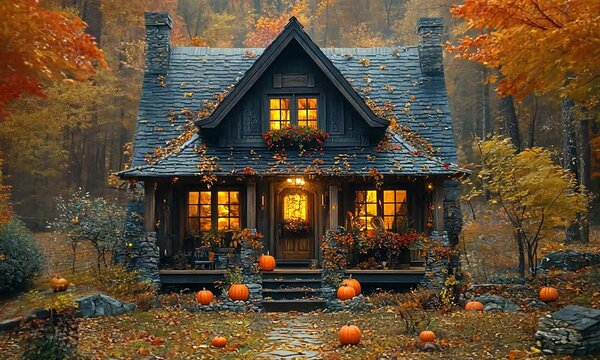 Cozy autumn cottage surrounded by vibrant fall foliage and pumpkins in the yard