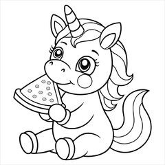 Funny Unicorn Eating Pizza Coloring Page
