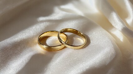 Pair of gold wedding and engagement rings, symbolizing marriage and commitment. Set against a white background with light shining.