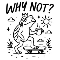 Cool frog with crown, coffee and skateboard under the sun