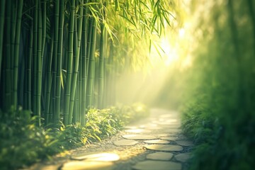 Obraz premium Sunlight filters through a lush bamboo grove.