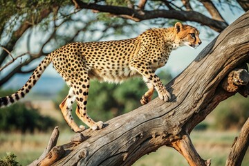 Obraz premium Cheetah gracefully descends a twisted tree in the savannah, showcasing agility and wild beauty
