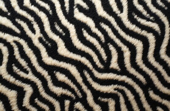 Close-up zebra pattern. Black and white animal skin texture. Striped, wavy, repeating background. Seamless surface textile design. Abstract nature print. For fashion, decor, wallpaper, fabric.