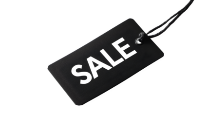 Minimal black sale tag with bold white text and string, isolated on white or transparent background --ar 16:9 --v 7.0