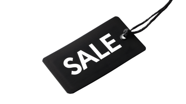 Minimal black sale tag with bold white text and string, isolated on white or transparent background --ar 16:9 --v 7.0