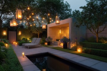 Fototapeta premium An outdoor patio with a pool and lanterns hanging from trees