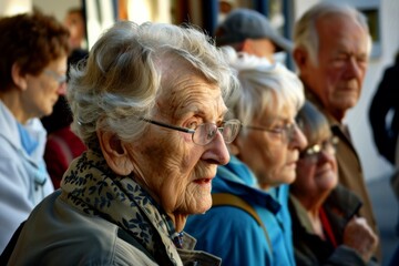Portrait of an elderly woman on a background of a crowd of people