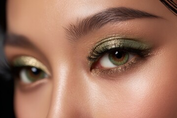 Obraz premium Close up of a womans eye with green and gold eye shadow