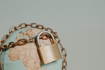 Close-up of a world globe wrapped in a metal chain with a padlock, symbolizing global security, restrictions, or data protection. Conceptual image for geopolitics, privacy, or lockdown themes.