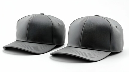 Fototapeta premium Two grey baseball caps on white background; mockup