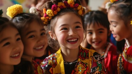 In a closeup the politician shares a lighthearted moment with a group of young children from different ethnic backgrounds each wearing unique cultural garments highlighting the importance