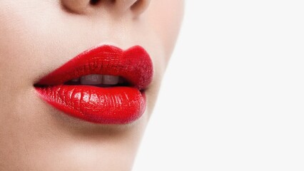 Obraz premium A close-up image of a woman with red lipstick on her lips and the rest of the image cut in half, highlighting only one side of her face.