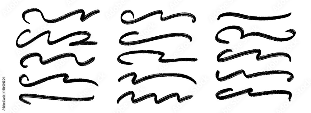 Poster black wave paint stripe set. squiggle sketch brush stroke collection. charcoal curved flourish pack 