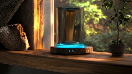 Voice-activated smart home hub with glowing interface on wooden shelf