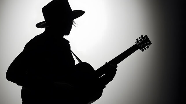 Silhouette of Guitarist: A dramatic silhouette of a musician playing a guitar, captured in a spotlight against a bright background. The image conveys a sense of mystery and passion.