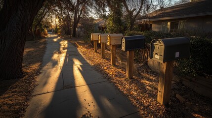 Row of identical mailboxes casting long shadows at golden hour