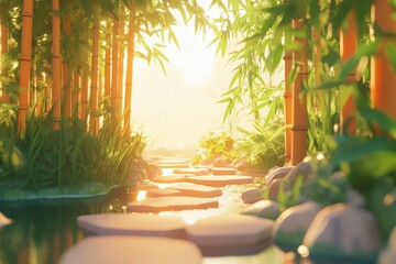 Obraz premium Sunlit Pathway Through a Bamboo Forest.