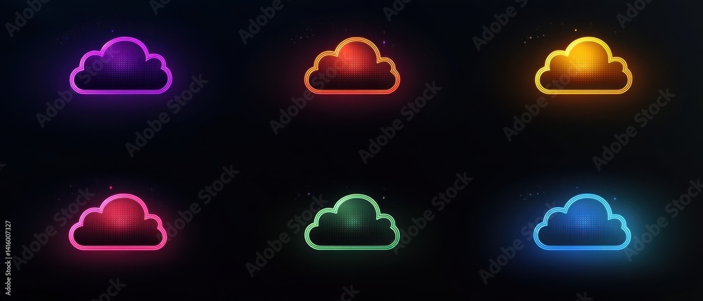 Poster icon of cloud technology in a neon style with different colors and different backgrounds with simple
