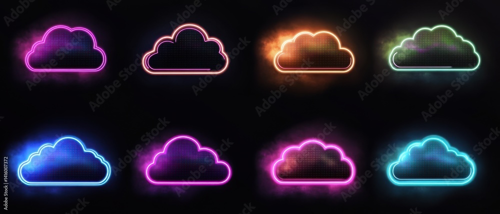 Poster icon of cloud computing in a neon style with glowing outlines and multiple color options generative 